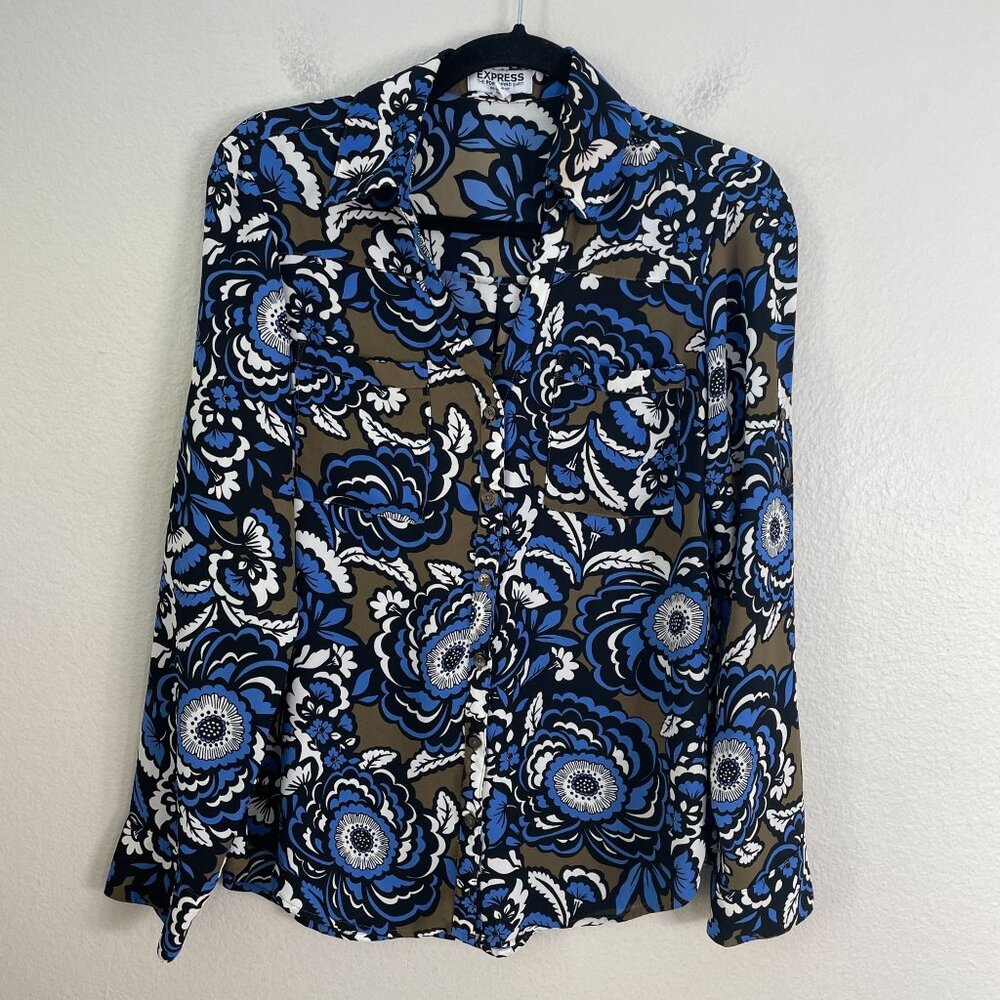 Express Portofino Shirt Womens Small Floral Button Up Blouse Roll Tab Sleeve Top